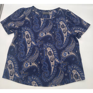 ANTHROPOLOGIE Blue Gold Paisley Short Sleeve Metallic Thread Tee L